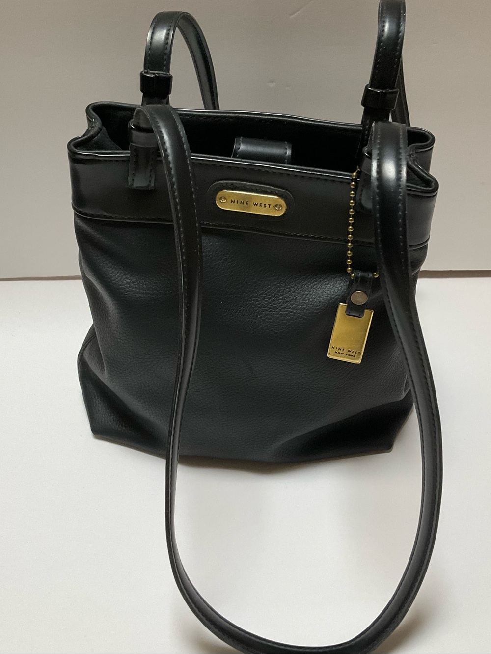 Vintage Nine West Shoulder Bag Black Faux Leather Tote Bag Antique Gold 90’s Y2K